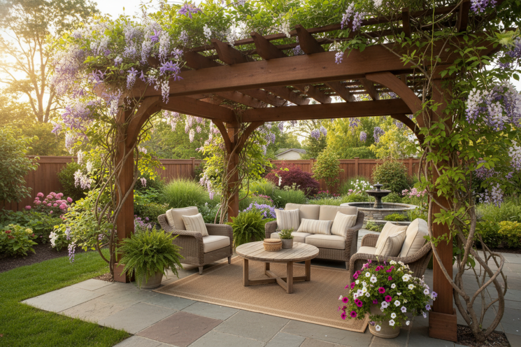 wooden pergola structure with climbing plants wooden pergola structure with climbing plants