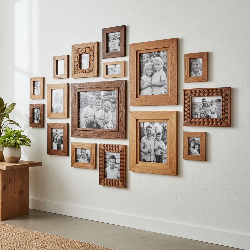 wooden picture frames displaying family photos