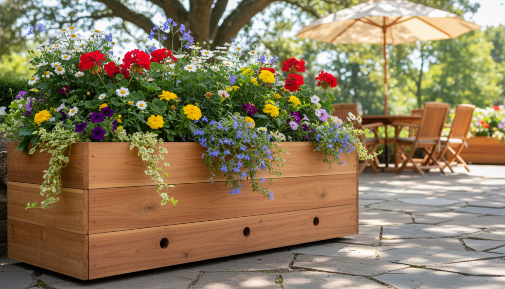 wooden planter box on patio with flowers