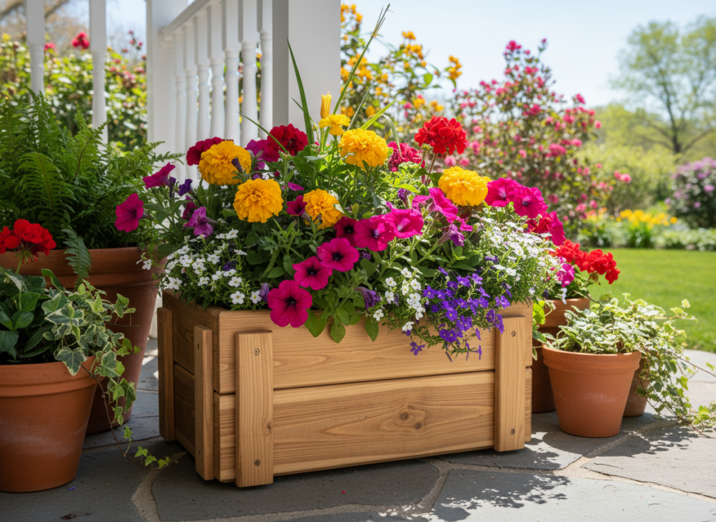 wooden planter box with flowers on porch wooden planter box with flowers on porch