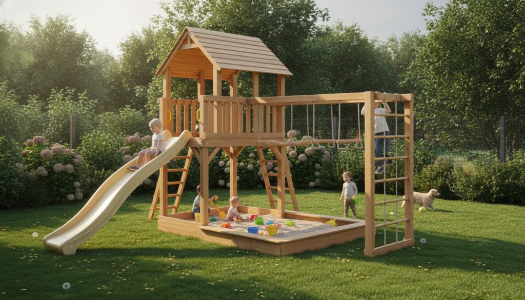 wooden play structure and sandbox in a backyard wooden play structure and sandbox in a backyard