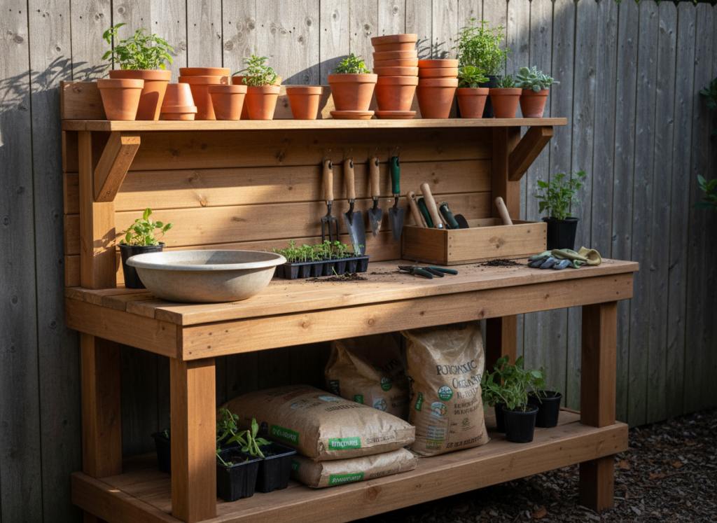 wooden potting bench with shelves and workspace for gardening wooden potting bench with shelves and workspace for gardening