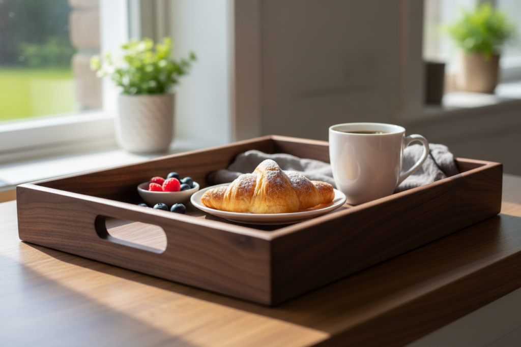 wooden serving tray with breakfast items