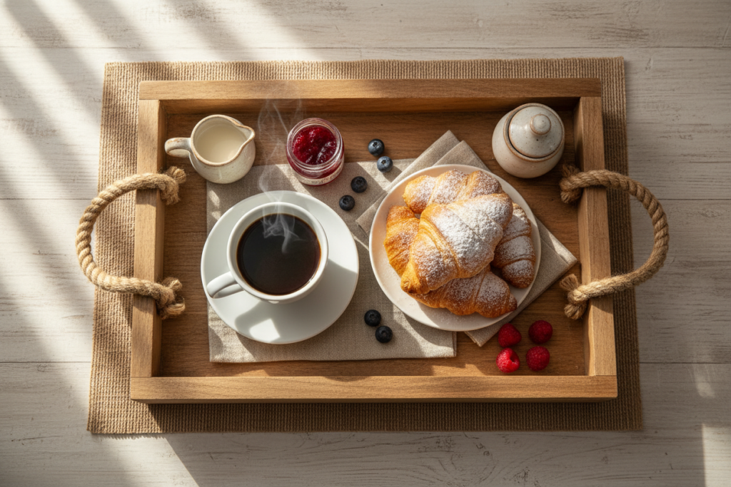 wooden serving tray with breakfast items
