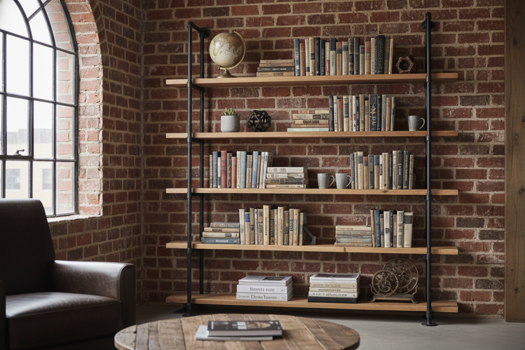 wooden shelving unit with metal pipe frame wooden shelving unit with metal pipe frame