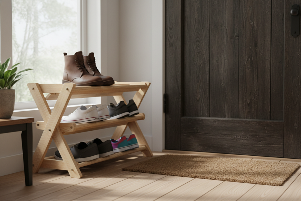 wooden shoe rack near front door with organized footwear
