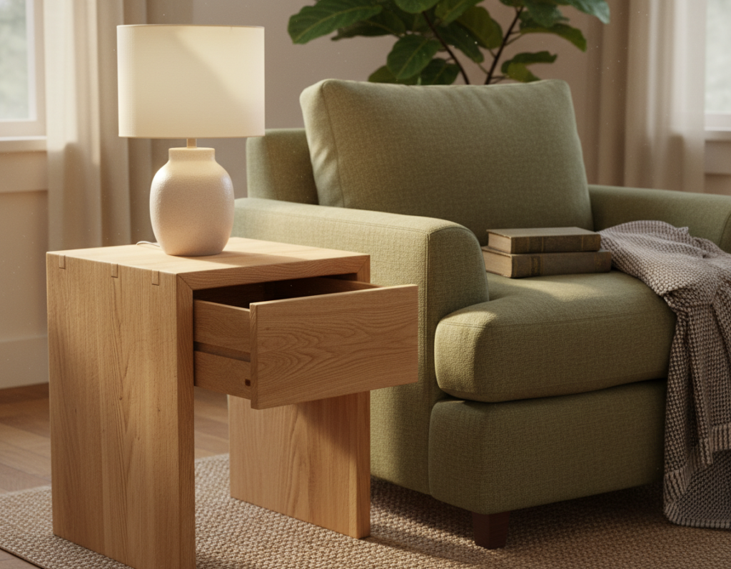 wooden side table with drawer next to armchair