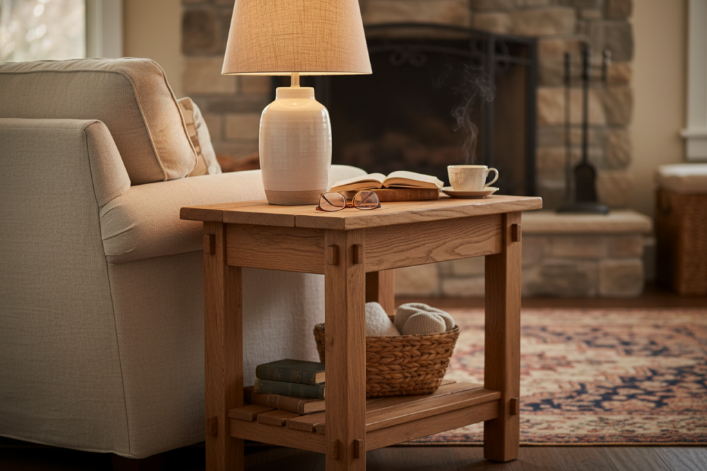 wooden side table with storage shelf
