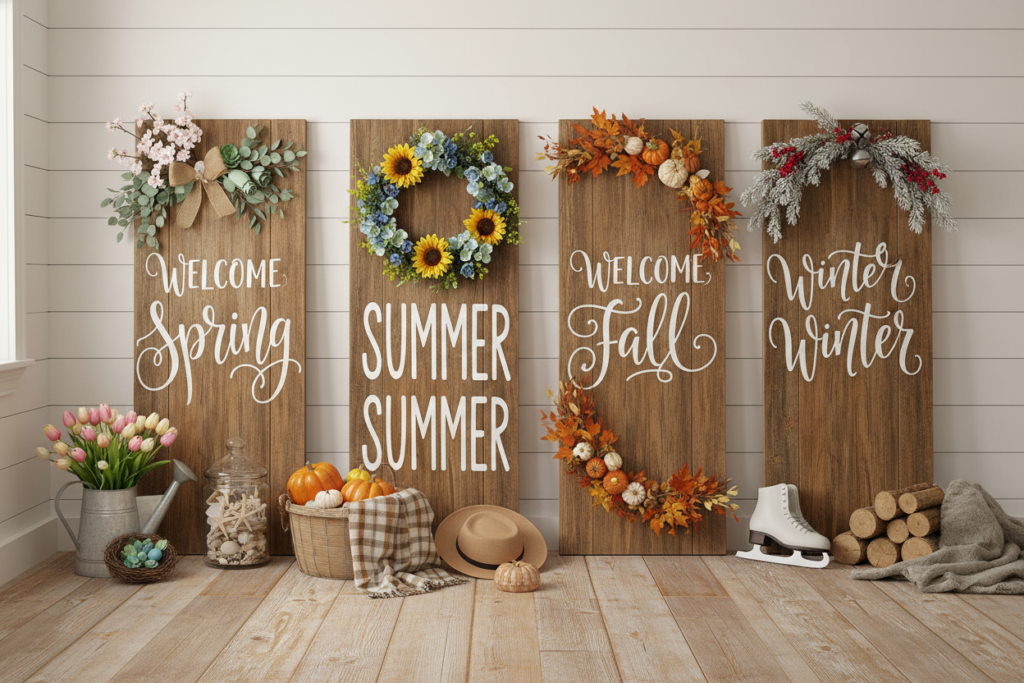 wooden signs with seasonal messages