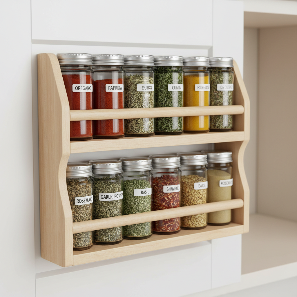 wooden spice rack mounted inside cabinet door