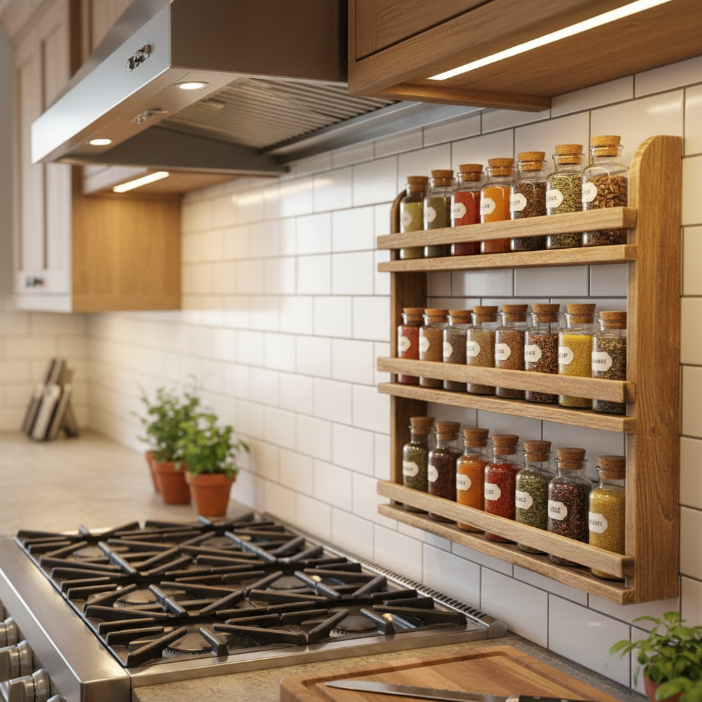 wooden spice rack mounted on kitchen wall