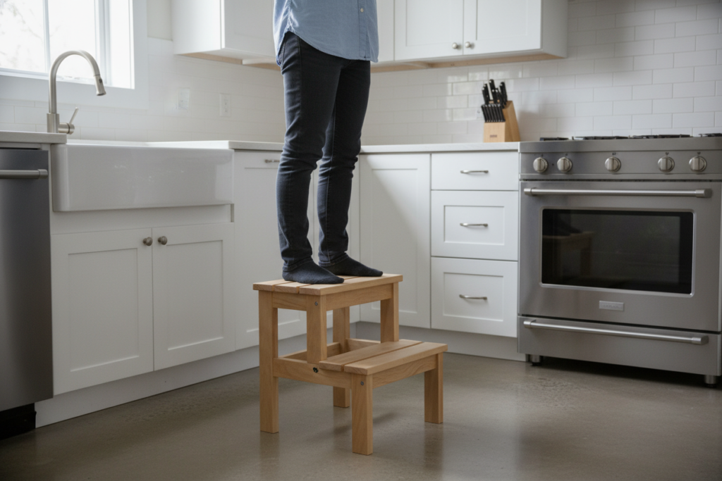 wooden step stool in kitchen