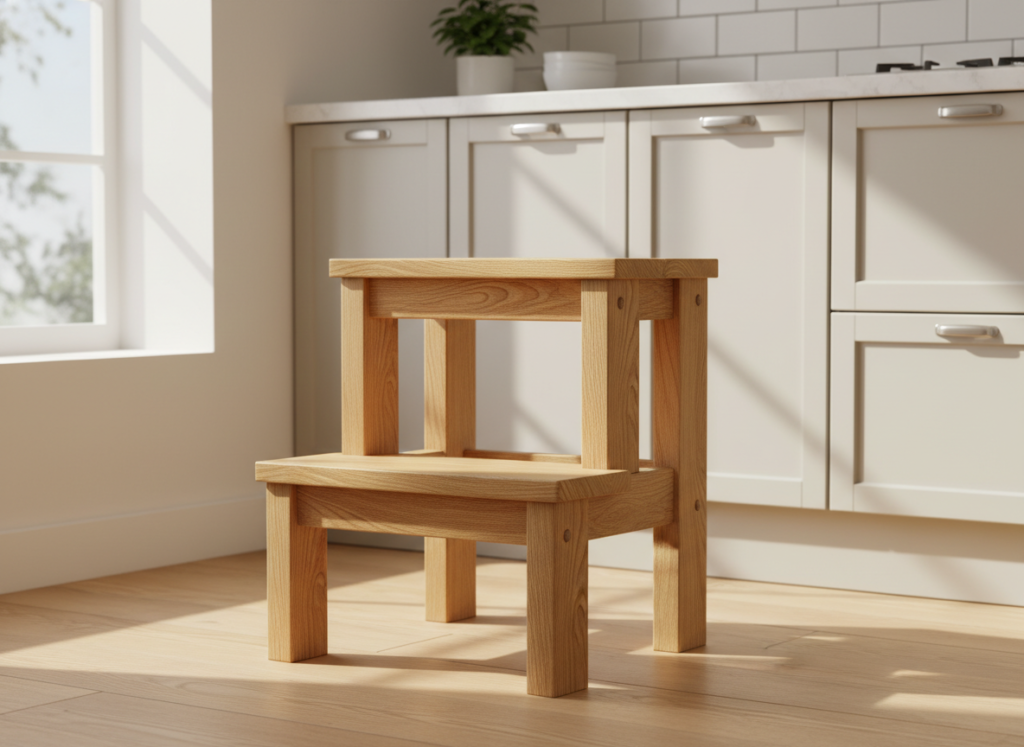 wooden step stool in kitchen setting
