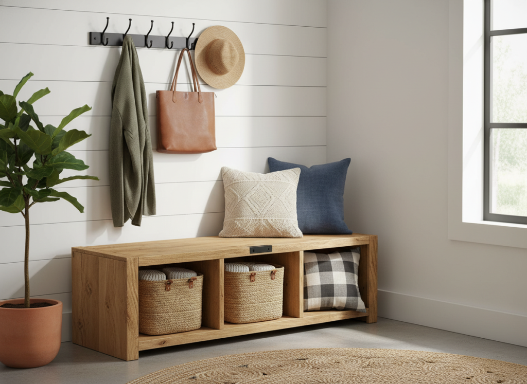 wooden storage bench in entryway