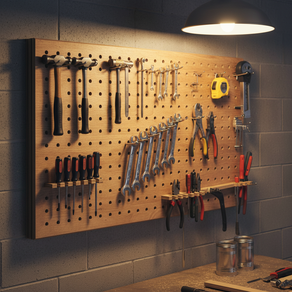 wooden tool rack mounted on garage wall