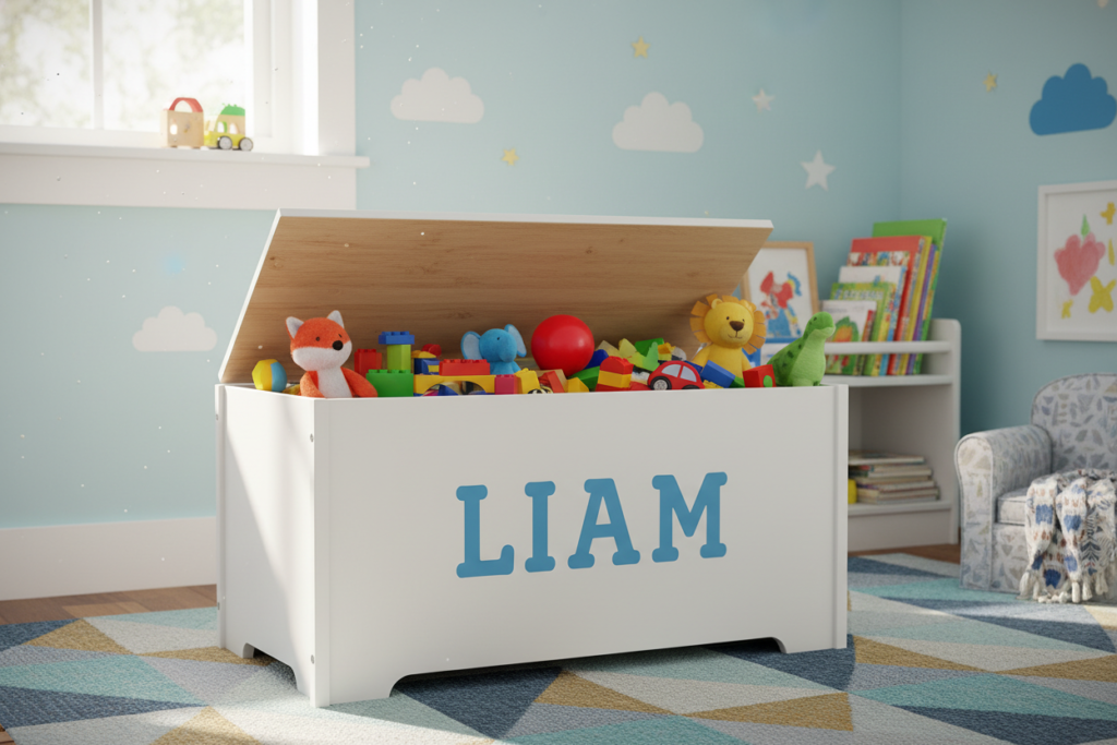wooden toy storage box with child's name wooden toy storage box with child's name