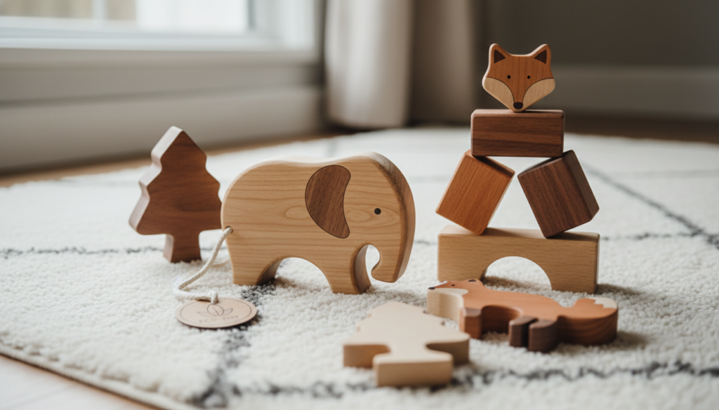 wooden toys arranged in playroom setting