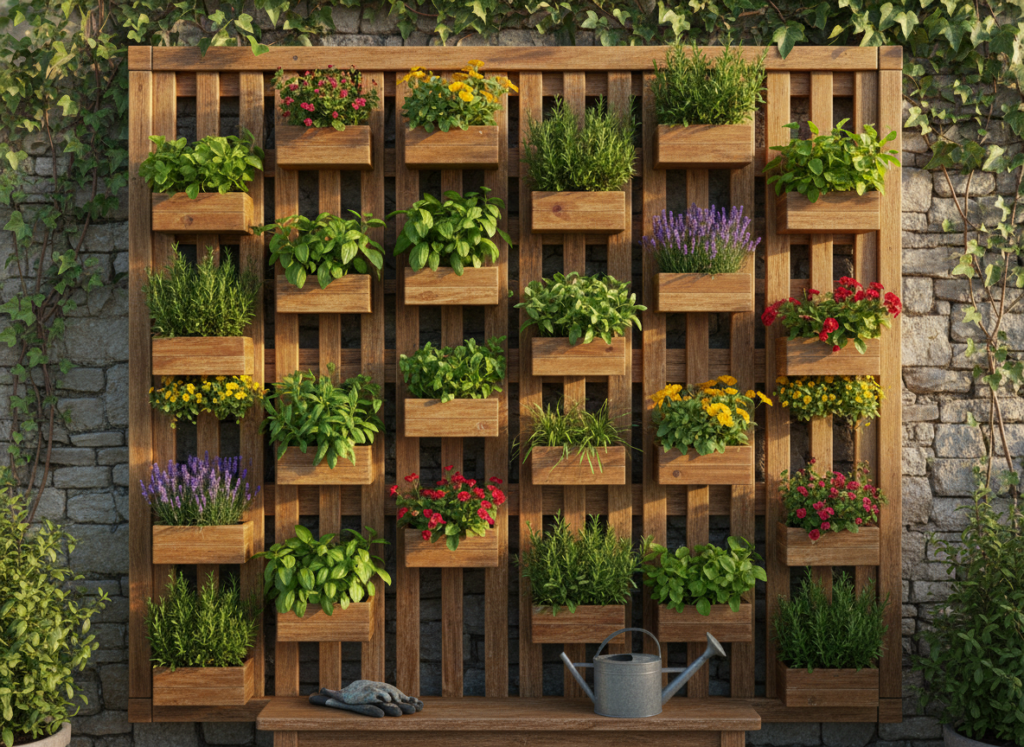 wooden vertical garden structure with plants growing on wall wooden vertical garden structure with plants growing on wall