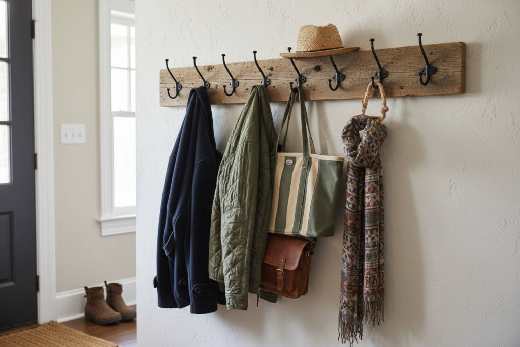 wooden wall-mounted coat rack with metal hooks wooden wall-mounted coat rack with metal hooks