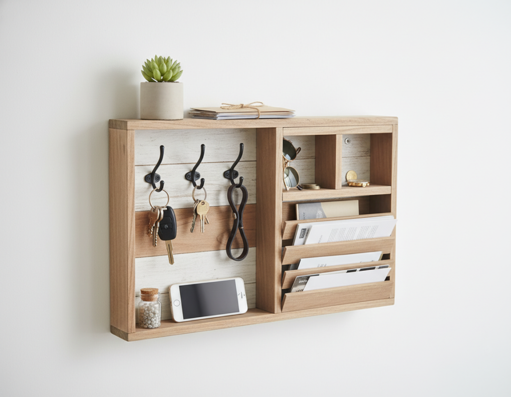 wooden wall-mounted storage organizer with hooks and shelves wooden wall-mounted storage organizer with hooks and shelves