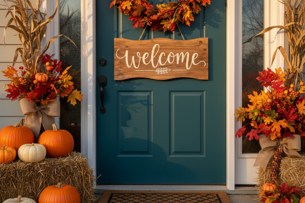wooden welcome sign with seasonal decoration wooden welcome sign with seasonal decoration