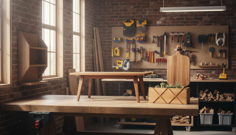 woodworking projects diy workspace with various completed wood projects including furniture and decor items